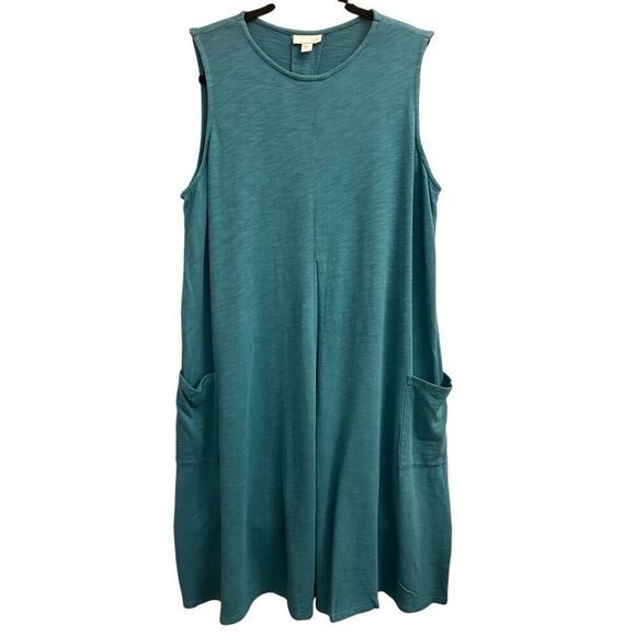 J. Jill Cotton A-Line Midi Dress Turquoise Blue sz L Beach Relaxed minimalist - Picture 1 of 8